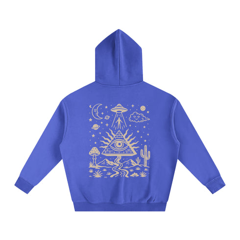 Blue hoodie with white graphic design on a white background